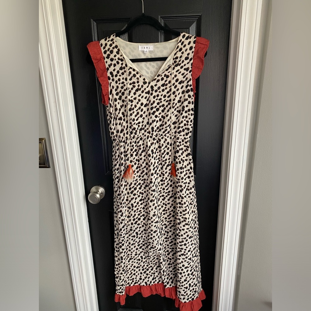 THML Cream and Black Animal-Print Midi Dress with Rust Ruffle Accents